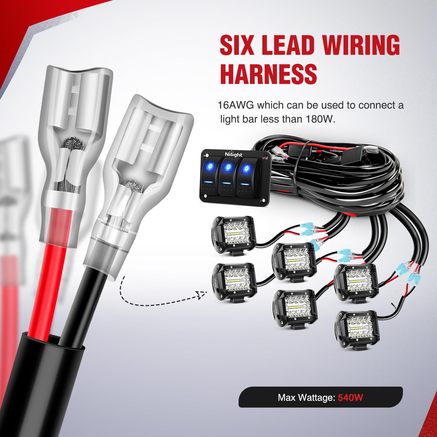 16AWG Wire Harness 6 Leads W/ 3 Gang Rocker Switch | 9 Fuses | 12 Spade Connectors Nilight