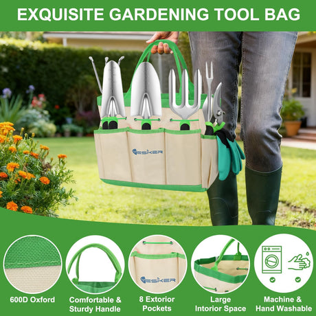 Gardening Tools 9-Piece Heavy Duty Garden Tool Set Gardening Supplies Gifts for Women Men Gardening Hand Tool Kit with Non-Slip Ergonomic Handle, Garden Bag, Durable Gloves and Shears, Green