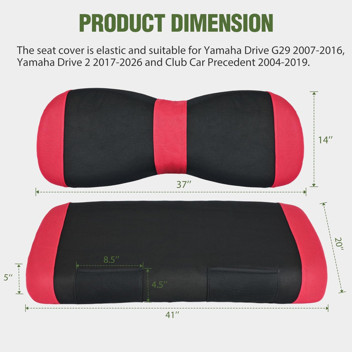 Golf Cart Front Seat Cover 1PC Red Black Yamaha Drive G29 Drive2 | Breathable Sun Scratch Resistant Washable No Staple Fits 2007-2016 Yamaha G29 2017-2026 Drive2 2004-2019 Club Car Precedent