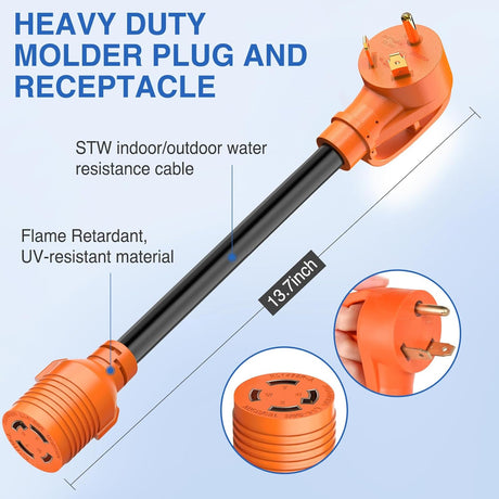 RV Generator Adapter Cord NEMA TT-30P to L14-30R 30 Amp 3 to 4 Prong Generator Transfer Switch Adapter Twist Lock Female Plug Pure Copper Heavy Duty STW 10 AWG ETL Listed