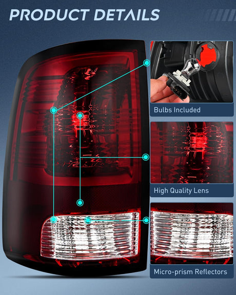 Taillight Assembly Compatible with 2009 2010 2011 2012 2013 2014 2015 2016 2017 2018 Dodge Ram 1500 2500 3500 2019 2020 2021 Classic Rear Lamp OE Style Driver Side Dark Red