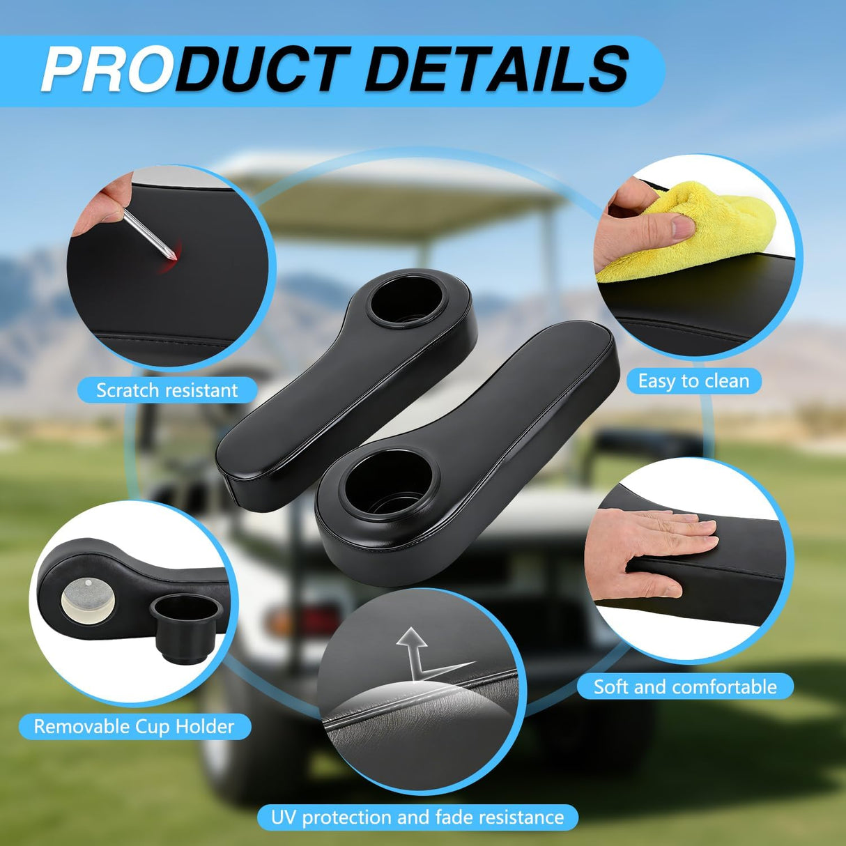 Golf Cart Armrests 2PCS Black Flip Stand Cup Holder | No Drilling Detachable PU Leather Armrest with Iron Bracket Fits 1 Inch Square Tubes for EZGO Club Car Yamaha Rear Seat