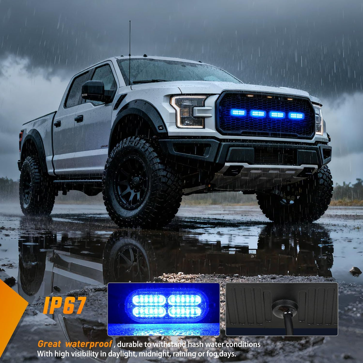 4PCS 24LED Emergency Strobe lights 12V 24V Blue Surface Mount Grille Hazard Safety Warning Light Sync Feature Side Flashing Marker Flash for Car Truck Campers
