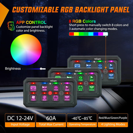 8 Gang Switch Panel Circuit Control Relay System APP RGB Backlight Fuse Wiring Harness Toggle Momentary Strobe Flash Modes Automatic Dimmable 12V 24V for Car Truck Camper SUV