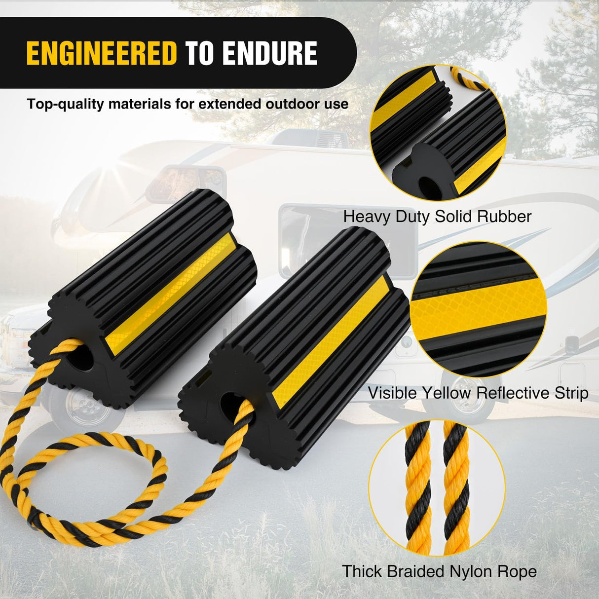 Wheel Chocks RV Car Heavy Duty Rubber Tire Chock Blocks Stopper Yellow Reflective Strips Stabilizer 2 Pack with Rope for RVs Cars Travel Trailers Campers Trucks Motorcycle Accessories Parking