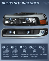 LED DRL Headlight Assembly for 1999 2000 2001 2002 Chevy Silverado 1500 1500HD 2500 2500HD 3500 Chevrolet Tahoe Suburban Replacement Headlamp Smoked Lens Black Housing Amber Bumper Lights Set