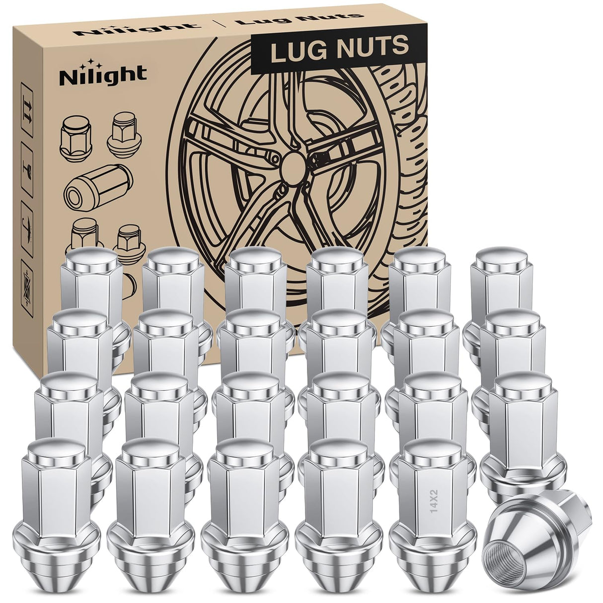 24PCS M14x2 Lug Nuts Compatible with 2004-2014 Ford F-150 | for 2000-2014 Expedition/Lincoln Navigator 2006-2008 Mark LT One-Piece Solid Chrome Steel OEM Factory Wheel Nuts Replace