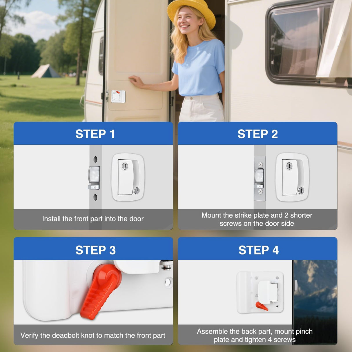 RV Door Lock Replacement with Paddle Deadbolt 100% Zinc Alloy Entry Locks Handle Latch 4 Keys Heavy Duty Enclosed Camping Locking Kit Fits RVs Campers Travel Trailers Horse Cargo Haulers