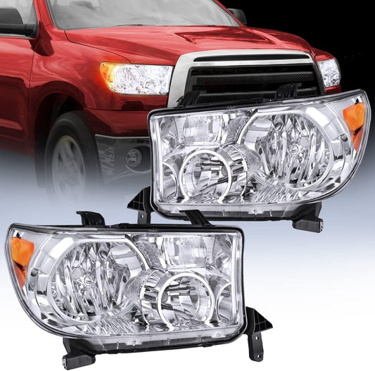 Headlight Assembly Headlight Assembly Chrome Housing Amber Reflector Clear Lens For 2007 2008 2009 2010 2011 2012 2013 Toyota Tundra 2008-2017 Sequoia