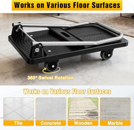 Foldable Platform Cart 220 lbs Push Dolly with 3 Inch PU Wheels PP Deck Flatbed Cart for Home Garage Office Use Black