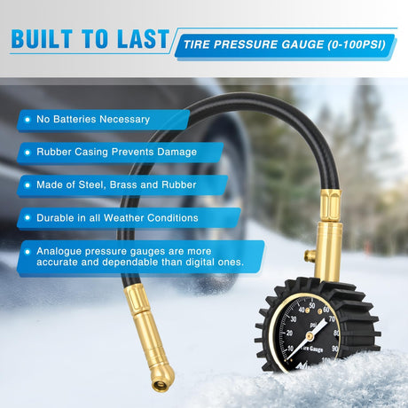 Tire Pressure Gauge 100PSI Heavy Duty Large 2 Inch Glow Dial ANSI B40.1 Certified Air Chucks Accurate Reading with Extended Hose for Truck Semi Truck ATV Motorhome Cars & RV Accessories