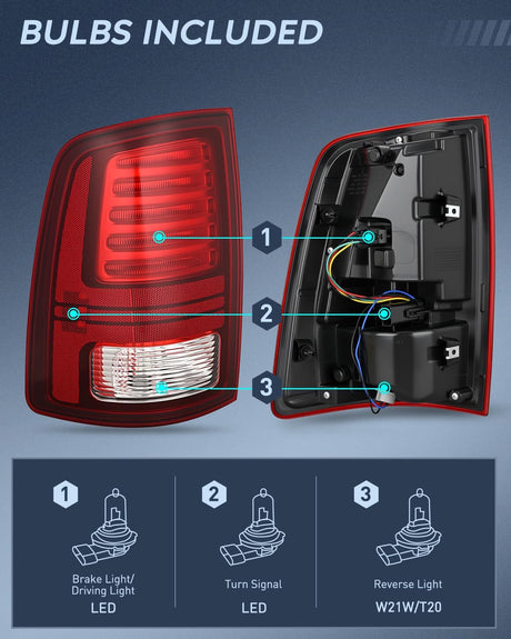 Taillight Assembly Compatible with 2013 2014 2015 2016 2017 2018 Dodge Ram 1500 2014-2018 Ram 2500 3500 LED Style Driver Side and Passenger Side Rear Tail Light with Bulbs