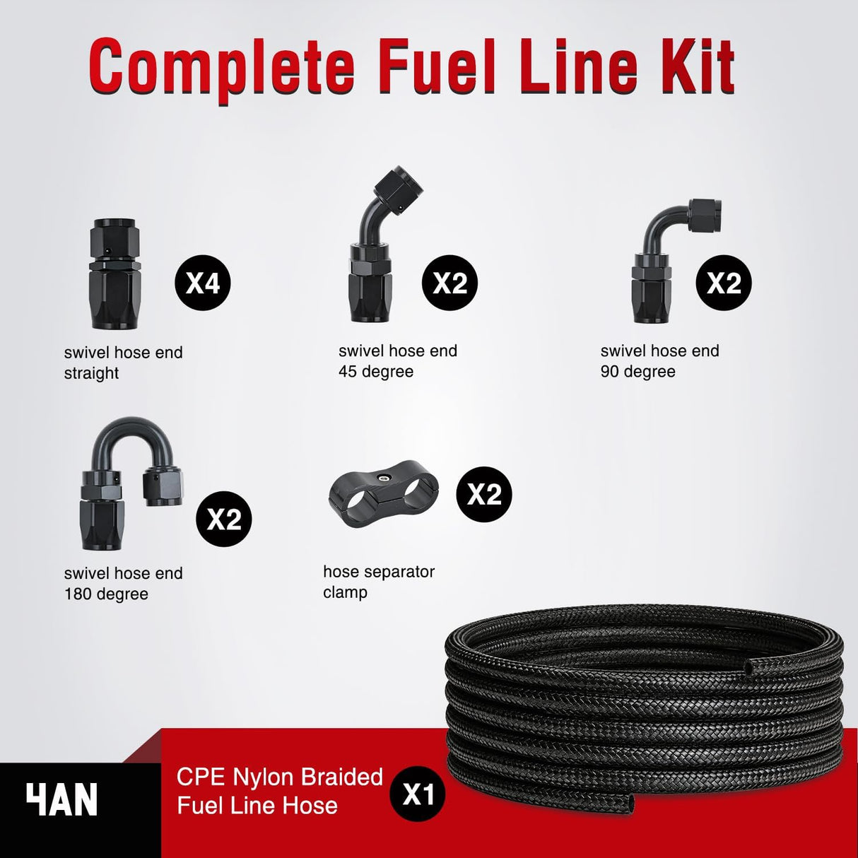 4AN 15FT CPE Fuel Hose Kit with 12PCS AN4 Fittings&Hose Separators | CPE Nylon Stainless Steel Braided Oil Gas Diesel Fuel Hose End Fitting Kit for Transmission Oil Cooler Vacuum Lines