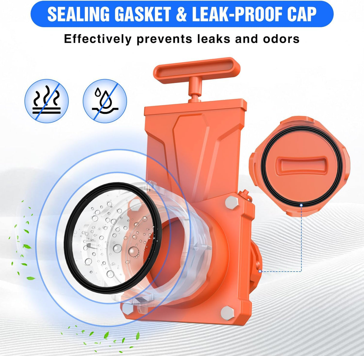 RV Sewer Valve, Camper Black Tank Gate Valve with 4 Bayonet Prongs Clear Adapter Leakproof Cap Double Odor-Tight Sealing Ring Twist On Waste Valve for RV Sewer Hose Fittings Replacement Orange