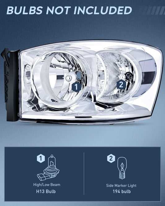 Headlight Assembly Chrome Housing Clear Reflector Clear Lens For 2007-2009 Dodge Ram 1500/2500/3500 Nilight