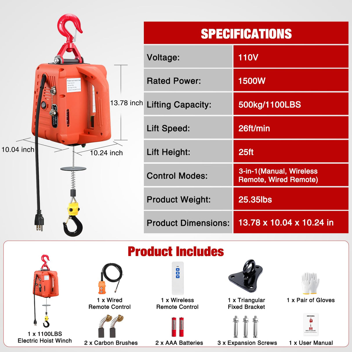 3-in-1 Electric Hoist Winch, 1100LBS 1500W Portable Power Winch Crane with Manual Wired Wireless Remote Control, 110V Electric Hoist 25FT Lifting Height for Garage Warehouses Factories, Orange