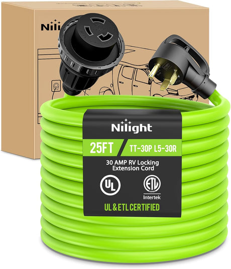 25FT 30 Amp RV Locking Extension Cord 125V Heavy Duty 10/3 Gauge Pure Copper STW Wire UL ETL Listed 3 Prong TT-30P L5-30R Weatherproof Suit for Camper Caravan Trailer Bright Green