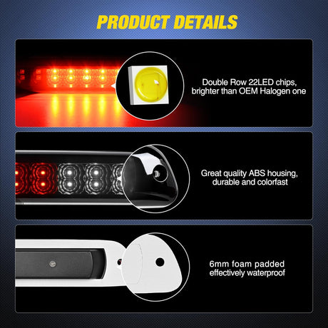 Third Brake Light Tail High Mount 3rd Stop Cargo Reverse LED Lights Smoked Lens Compatible with Chevy Colorado and GMC Canyon 2004 2005 2006 2007 2008 2009 2010 2011 2012 Pickup Truck