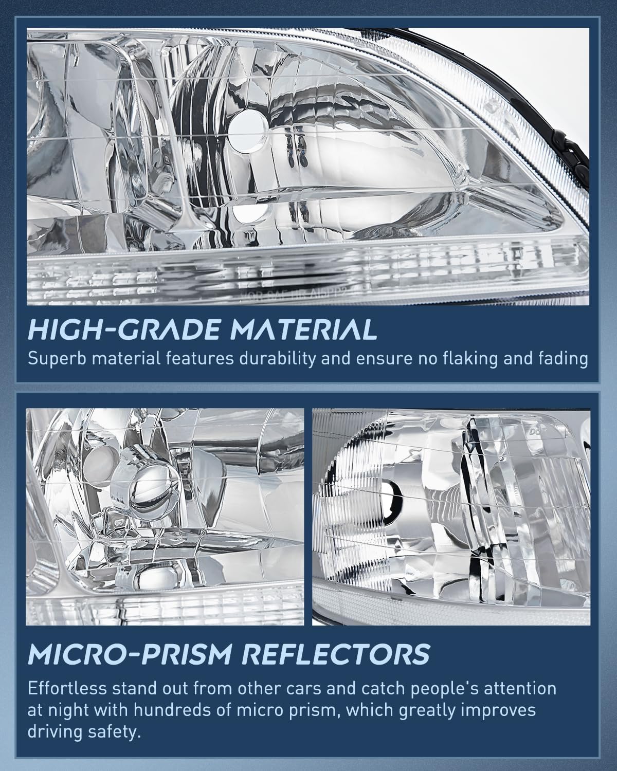 1998-2002 Honda Accord Headlight Assembly Chrome Case Reflector Clear Lens Nilight