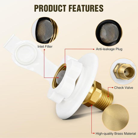 RV City Water Inlet with Check Valve 1/2 Inch NPT Male to 3/4 Inch GHT Female Brass City Water Fill Inlet Flange Connection Fittings for RV Camper Trailer Marine Hose Water Connector Replacement White