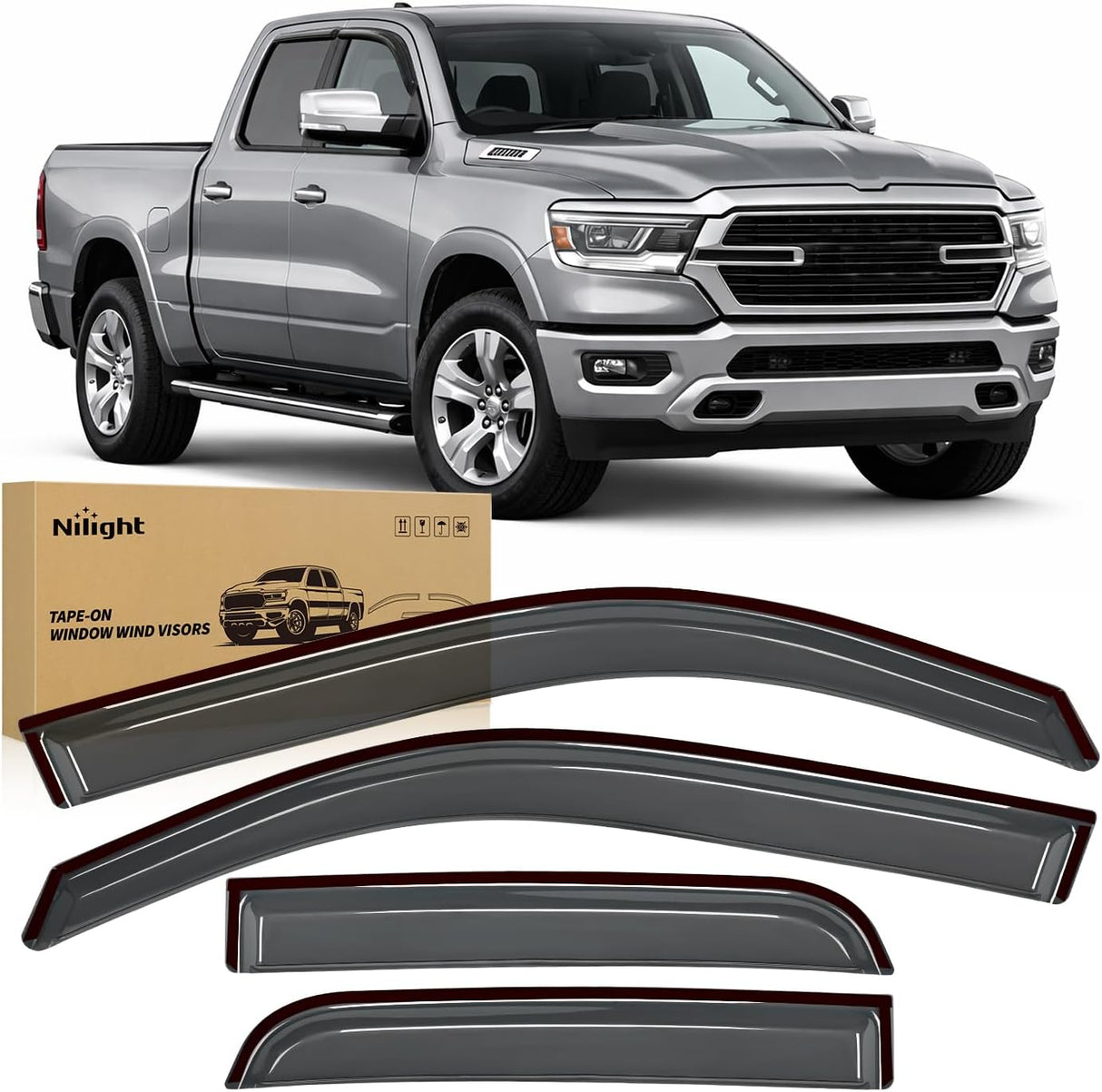 Tape on Window Visors for Dodge Ram 1500 Quad Cab 2019-2026, 4PCS | For New Body Quad Cab Only, Not for Crew Cab or Classic, Outside-Mount Rain Guards for Fresh Air Circulation, Smoke Tinted