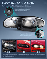Headlight Assembly Compatible with 1998-2002 Chevy Camaro | 1998 1999 2000 2001 2002 Chevy Chevrolet Camaro OE Style Halogen Replacement Headlamps Black Housing