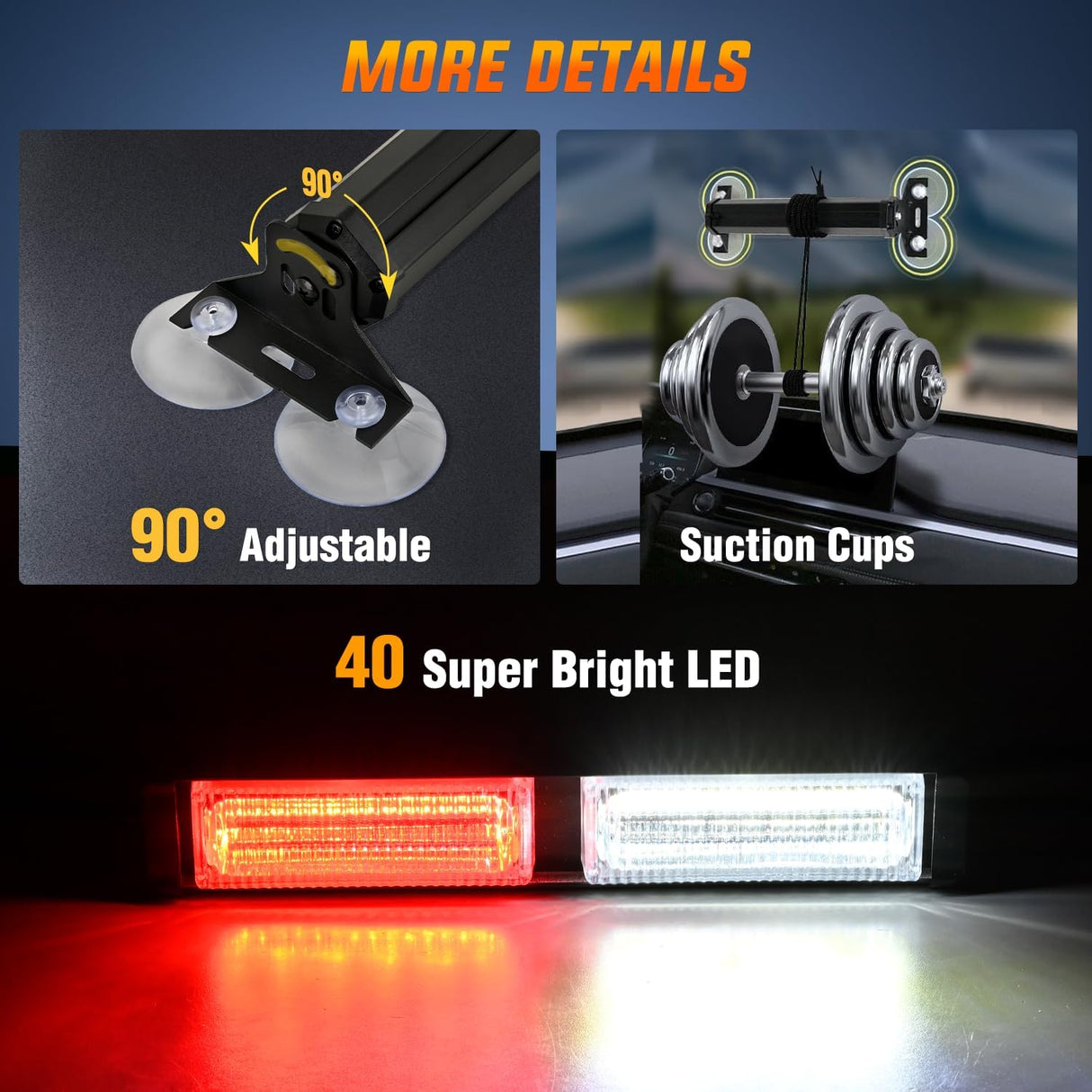 40LED Red White Emergency Strobe Traffic Advisor Light Bar with Suction Cups Dash Safety Warning Hazard Flashing Lights Interior Front/Rear Windshield for Trucks Construction Vehicles