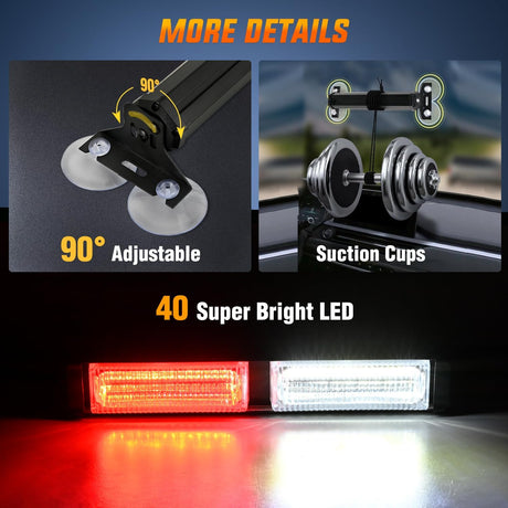 40LED Red White Emergency Strobe Traffic Advisor Light Bar with Suction Cups Dash Safety Warning Hazard Flashing Lights Interior Front/Rear Windshield for Trucks Construction Vehicles