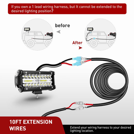 2PCS 14AWG 10FT Wire Extension Kit LED Light Bar/Led Pods/LED Work Light Nilight