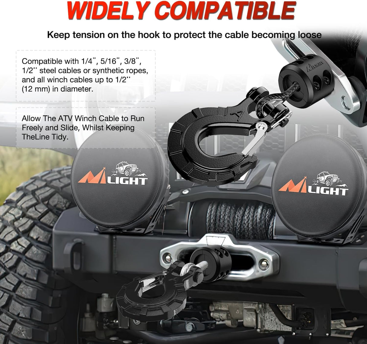 Winch Stopper for ATV UTV Truck SUV Winch Cable Hook Rubber Stopper Protect Towing Hook Synthetic Rope winch accessories Rope Line Saver with Stainless Steel Screws and Nuts Allen Wrenc, Black