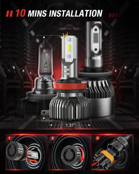 H7 LED Bulbs, 600% Brighter 1:1 Mini Size Halogen Replacement, 6500K Cool White LED Fog Lights, IP67 Waterproof, 2-Pack