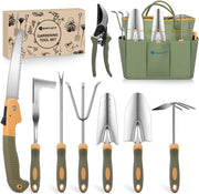Gardening Tools 9-Piece Heavy Duty Garden Tool Set Gardening Supplies Gifts for Women Men Gardening Hand Tool Kit w Non-Slip Ergonomic Rubber Handle, Durable Garden Bag, Pruning Shears, Green