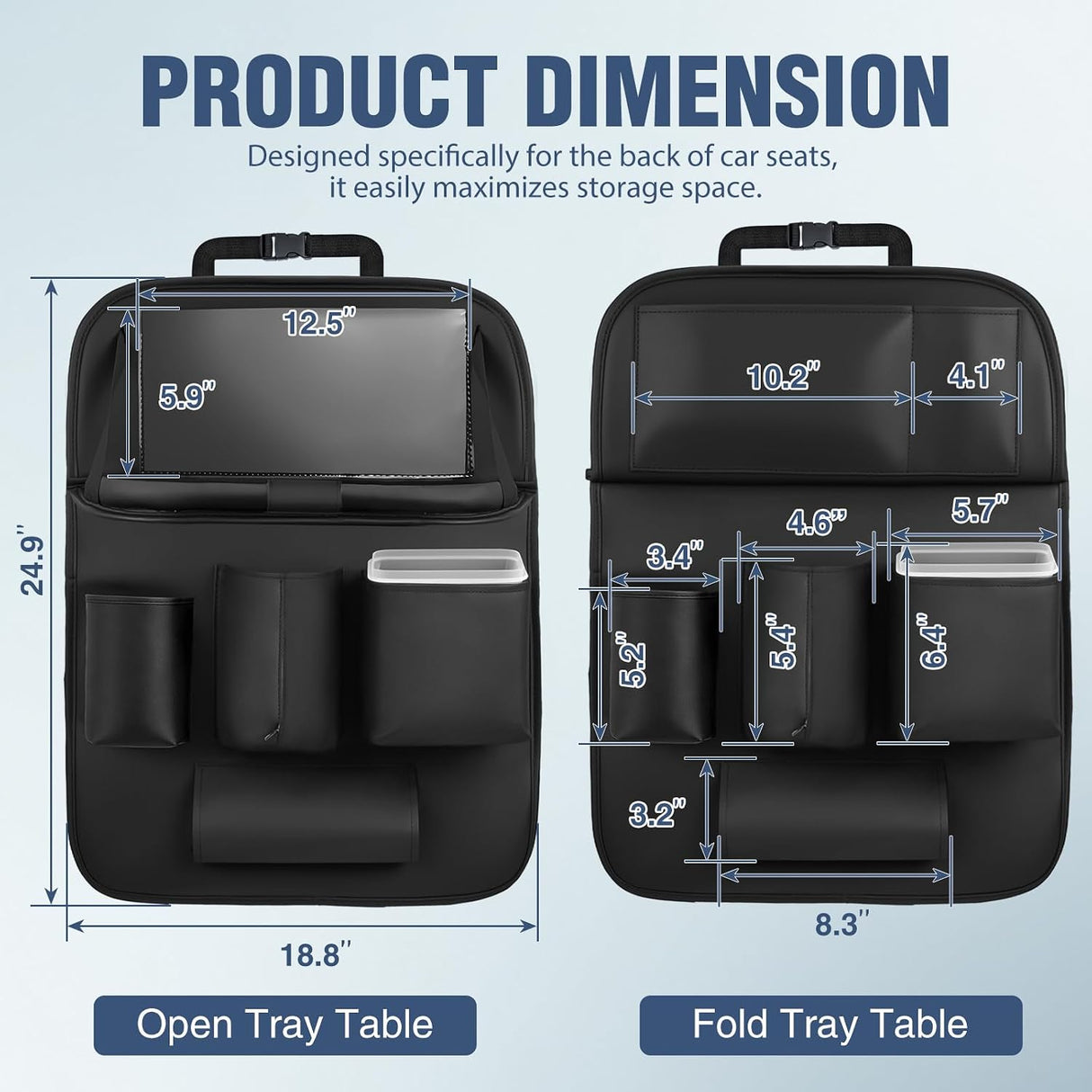 Car Seatback Organizer 2PCS Black PU Leather Universal | Foldable Tray Tablet Holder Tissue Box Removable Bucket Waterproof Storage Bag for Cars Vans SUVs MPVs Pickup Trucks