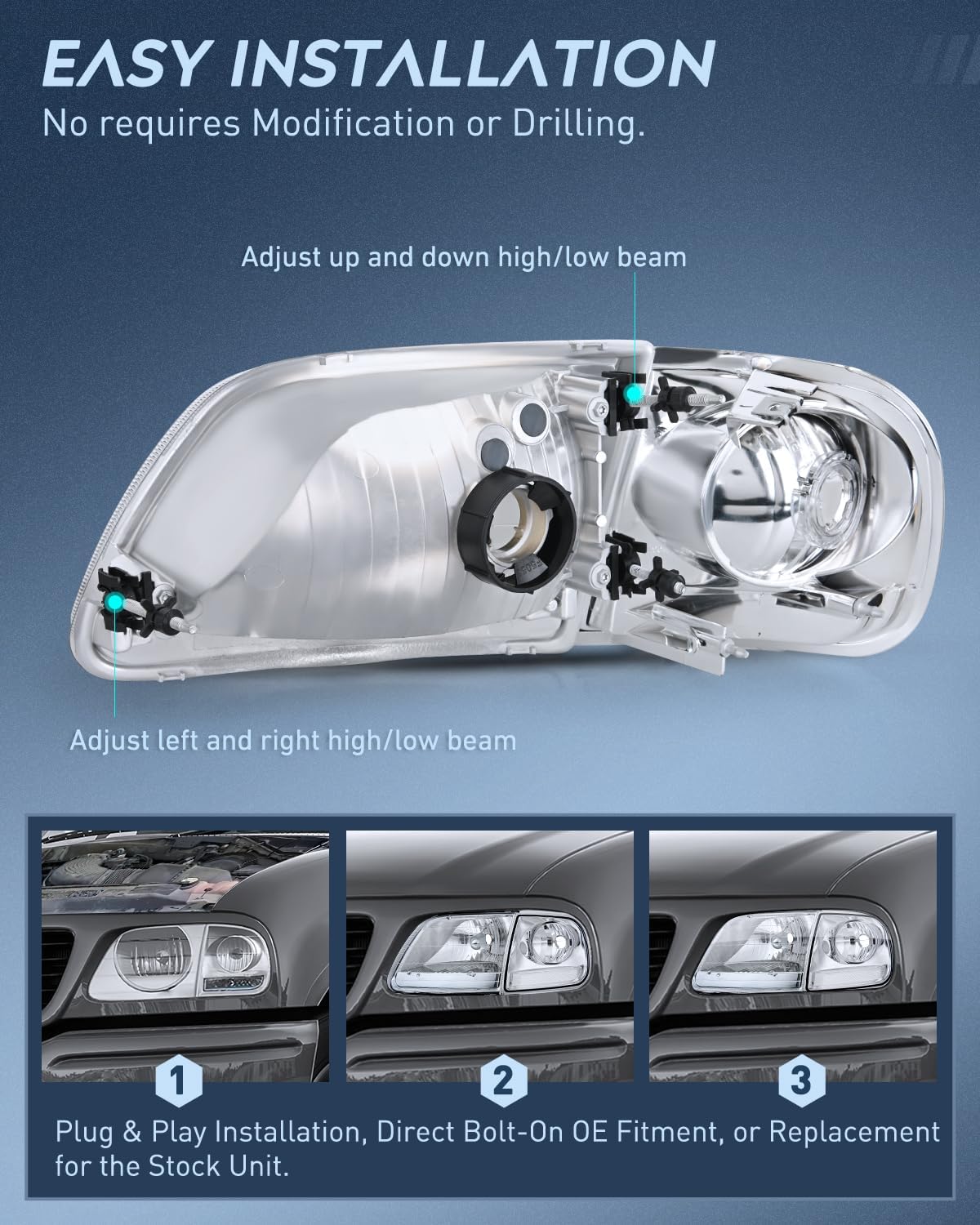 Headlight Assembly Compatible with 1997 1998 1999 2000 2001 2002 2003 Ford F-150 Expedition Chrome Housing