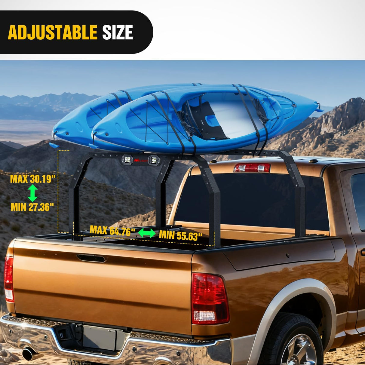 Adjustable 27-30 Inch High Truck Ladder Bed Rack Compatible with Tacoma/Tundra/Ram 1500/ Silverado/Sierra 1500/ F150/ Gladiator JT/Titan/Frontier/Colorado/Canyon/Ranger with 2 LED Lights