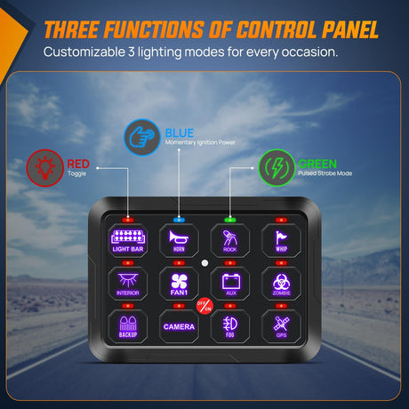 12 Gang Switch Panel 12V 24V Universal Circuit Control Relay System with RGB Backlight Fuse Relay Wiring Harness Automatic Dimmable ON Off LED Switch Pod for Car Pickup Truck Camper SUV