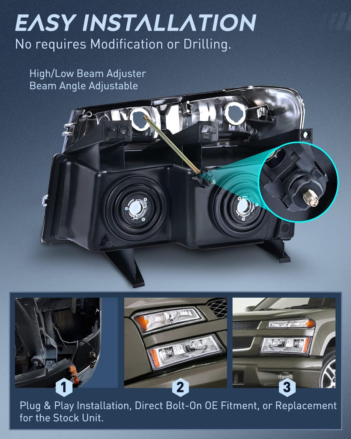 Headlight and Taillight Assembly Combo Compatible with 2004 2005 2006 2007 2008 2009 2010 2011 2012 Chevy Colorado GMC Canyon OE Style Chome Housing Amber Reflector with Red Tail Light