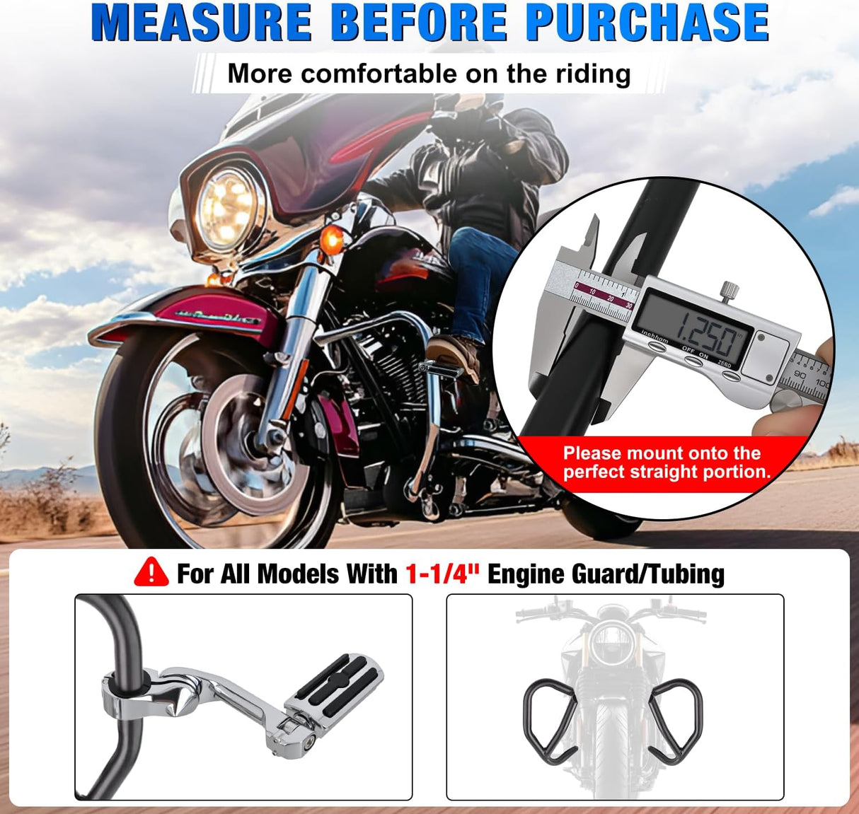 1.25 Inch Motorcycle Highway Pegs For Harley Davidson Touring Road King Street Glide Sportster, Adjustable Long Angled Foot Pegs Clamp Universal For 1-1/4 Inch Engine Guard Crash Bars Highway Footpegs