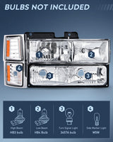 Headlight and Taillight Assembly Combo Compatible with 1994 1995 1996 1997 1998 Chevy Silverado Tahoe Suburban C10 C/K 1500 2500 3500 Tail Light Chrome Housing Amber Reflector Bumper Lamp