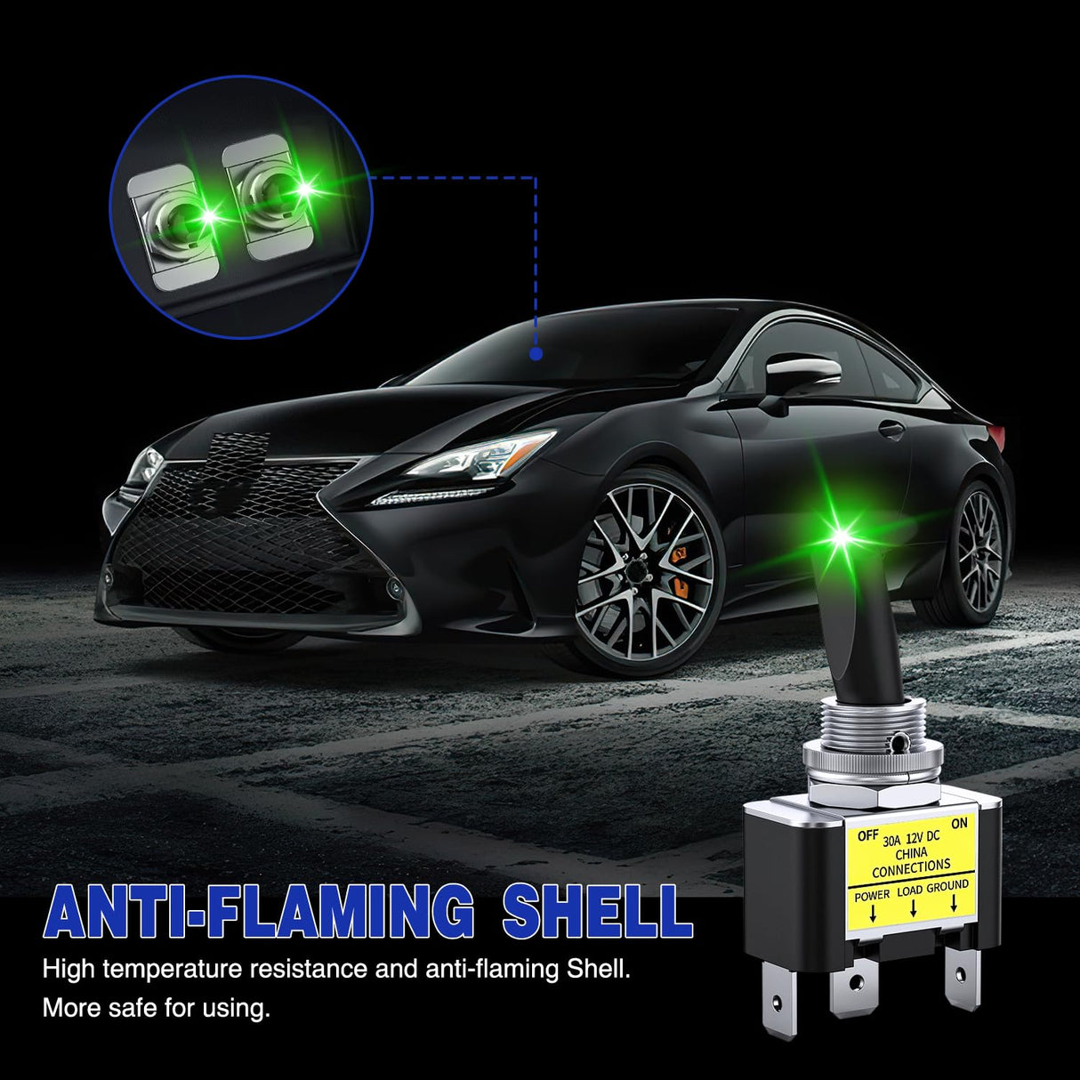 2PCS Green LED Toggle Switch 12V DC 30A 3 Pin On Off 2 Position Heavy Duty Rocker Switch with 14AWG Wire for Automotive Cars Trucks Boats Racing Cars Auto Boat