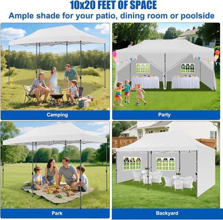 10x20 Pop Up Canopy Tent with Sidewalls Instant Outdoor Canopy, Waterproof & UV Protection, Easy Setup Adjustable Height Heavy Duty Shelter Gazebo Tent for Patio Backyard Party Events, White