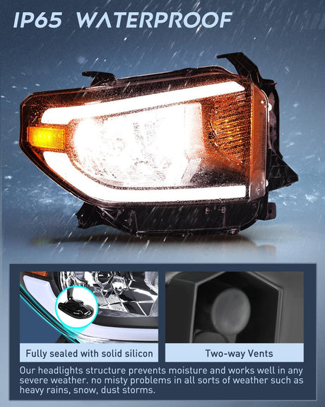 LED DRL Headlight Assembly Compatible with 2014 2015 2016 2017 2018 2019 2020 2021 Toyota Tundra Clean Lens Black Housing Amber Reflector Clear Lens Headlamps Replacement