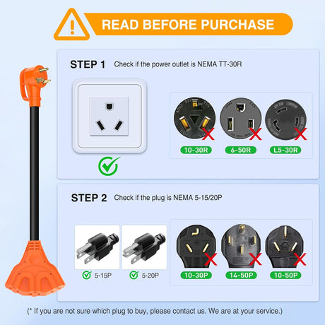 30 Amp to 110V RV Power Adapter Cord NEMA TT-30P Male to 3X 5-15R/5-20R Female RV Distribution Adapter Plug ETL Listed 3-Way Outlets for RVs Camper Generator Household Outdoor Power Converter
