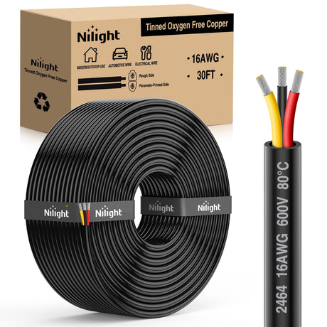 30FT 16AWG 3 Conductor Electrical Wire Tinned Oxygen Free Copper Red Black Yellow 3 Wires Parallel 600V DC Flexible PVC Case Extension Cords for LED Strips Lamps Lighting