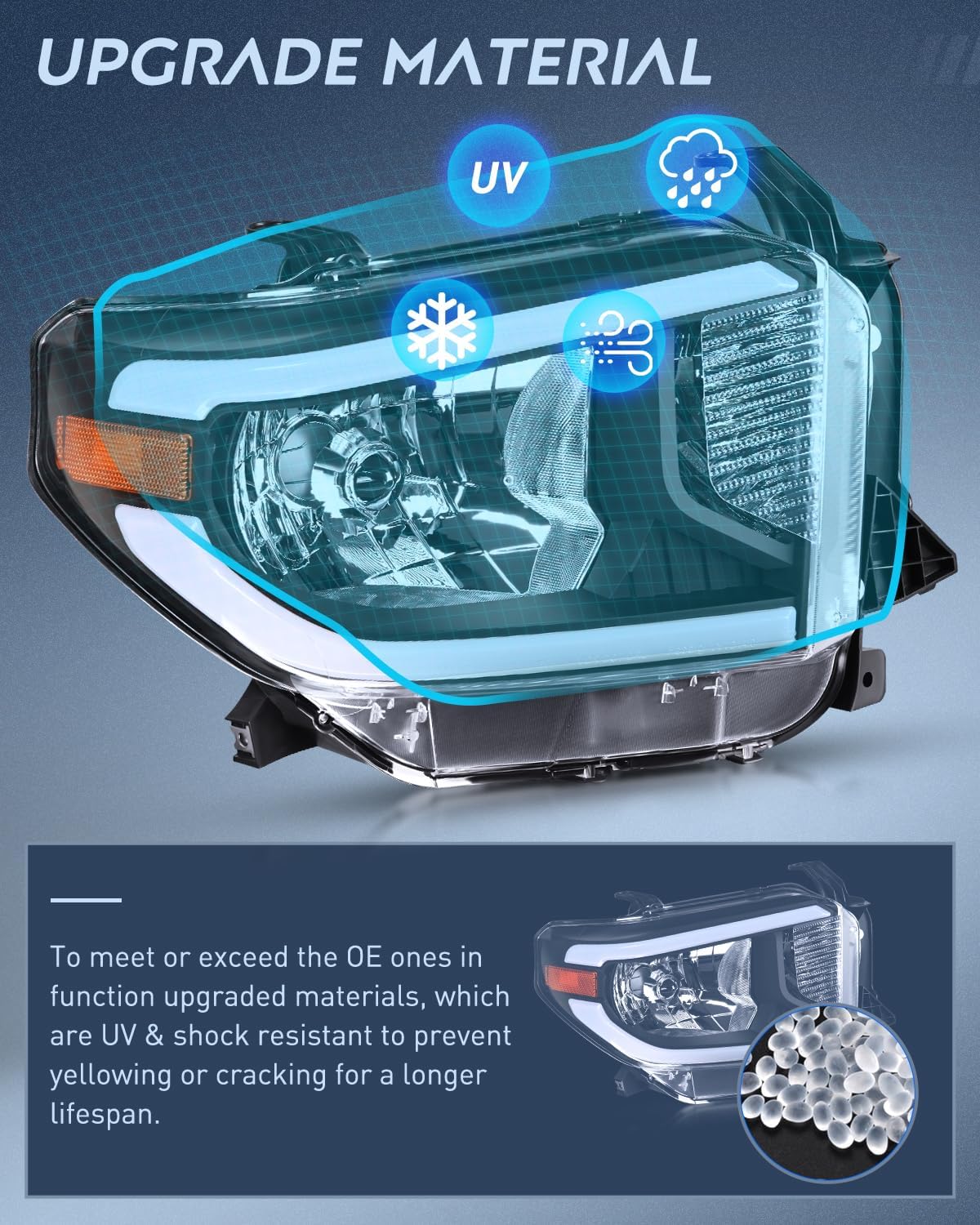 LED DRL Headlight Assembly Compatible with 2014 2015 2016 2017 2018 2019 2020 2021 Toyota Tundra Clean Lens Black Housing Amber Reflector Clear Lens Headlamps Replacement