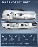 LED DRL Headlight Assembly for 1999 2000 2001 2002 Chevy Silverado 1500 1500HD 2500 2500HD 3500 Chevrolet Tahoe Suburban Replacement Headlamp Clean Lens Chrome Housing Bumper Lights Set