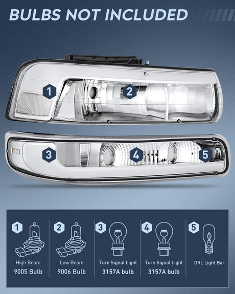 LED DRL Headlight Assembly for 1999 2000 2001 2002 Chevy Silverado 1500 1500HD 2500 2500HD 3500 Chevrolet Tahoe Suburban Replacement Headlamp Clean Lens Chrome Housing Bumper Lights Set