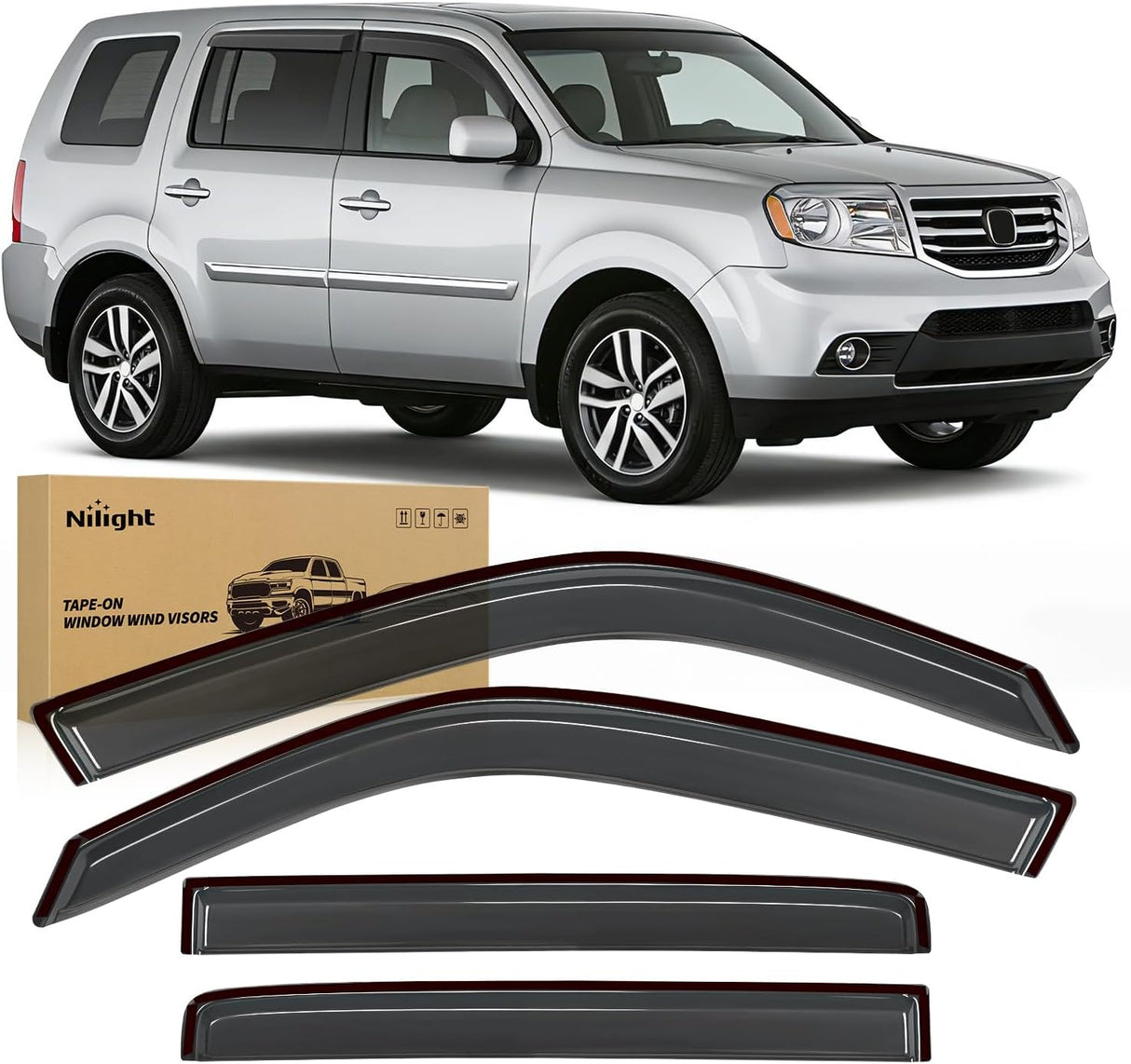 Outside-Mount Window Rain Guards for Honda Pilot 2009-2015, 4PCS | Tape on Window Visors Helps Vent Fresh Air in Rainy Weather, Honda Pilot 2009 2010 2011 2012 2013 2014 2015, Smoke Tinted