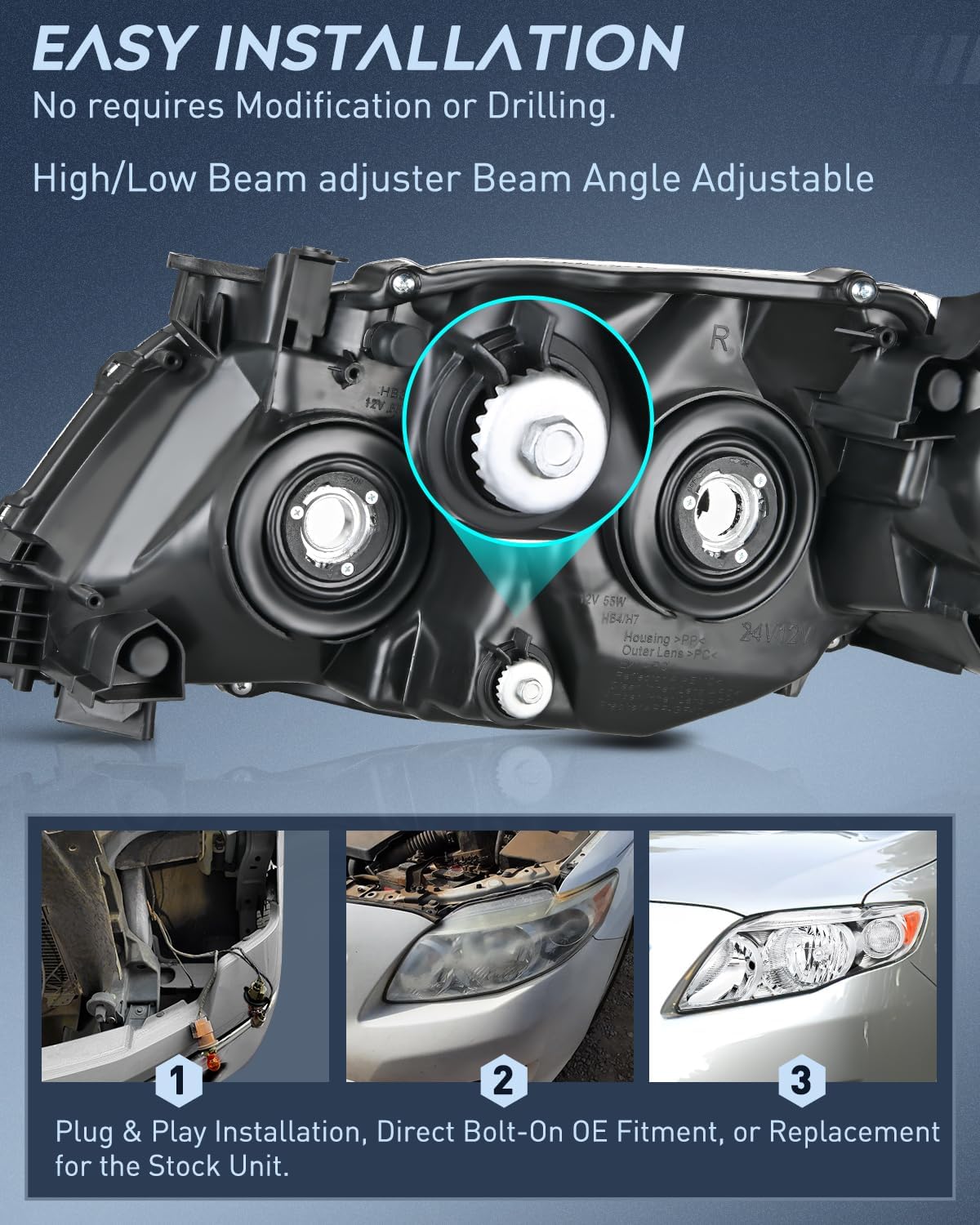 2009 2010 Toyota Corolla XLE/LE/Base Headlight Assembly Chrome Housing Amber Reflector Nilight