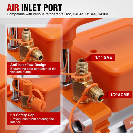 Vacuum Pump HVAC, 5 CFM 1/2 HP 110V 2 Stage AC Vacuum Pumps Kit for R22 R404a R134a R410a, 3x10⁻¹ Pa Ultimate Vacuum for Auto Air Conditioning Servicing Refrigerant Recharging, Oil Included
